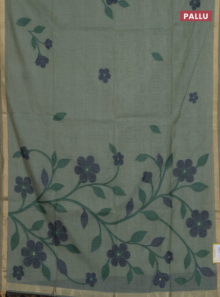 Munga cotton saree pastel green and navy blue with thread woven floral buttas and thread woven border