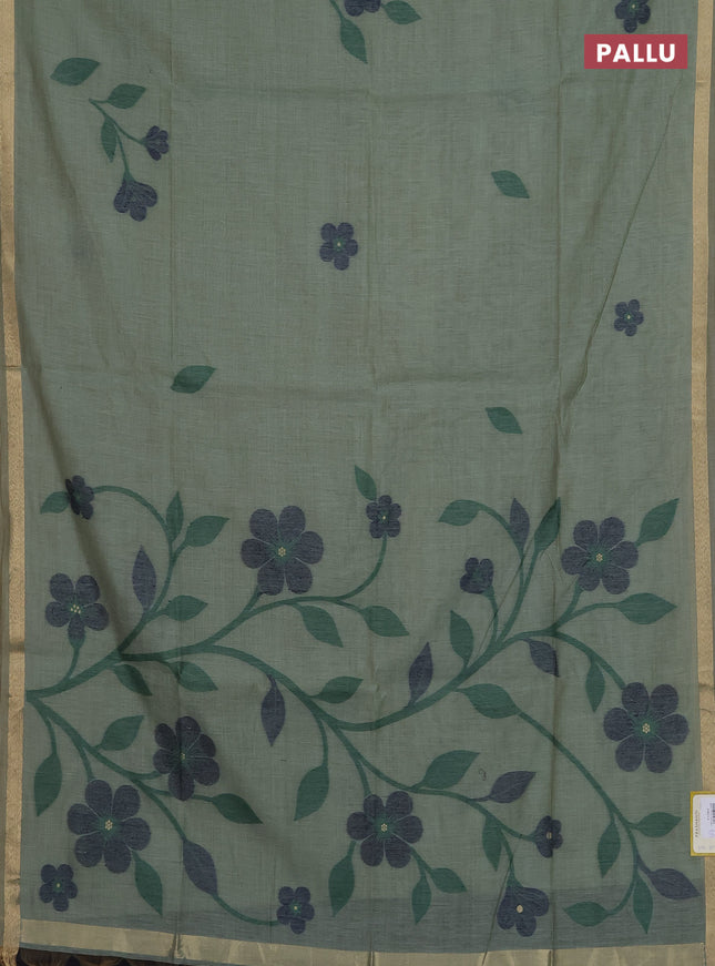 Munga cotton saree pastel green and navy blue with thread woven floral buttas and thread woven border