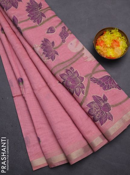 Munga cotton saree peach pink with thread woven floral buttas and pichwai design weaving pallu