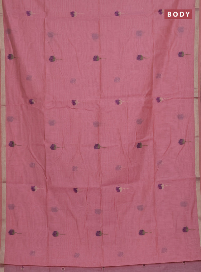 Munga cotton saree peach pink with thread woven floral buttas and pichwai design weaving pallu