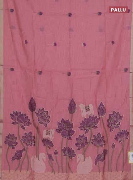 Munga cotton saree peach pink with thread woven floral buttas and pichwai design weaving pallu