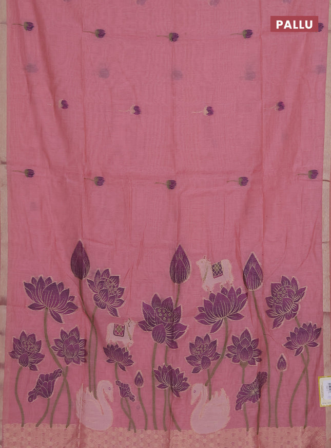 Munga cotton saree peach pink with thread woven floral buttas and pichwai design weaving pallu