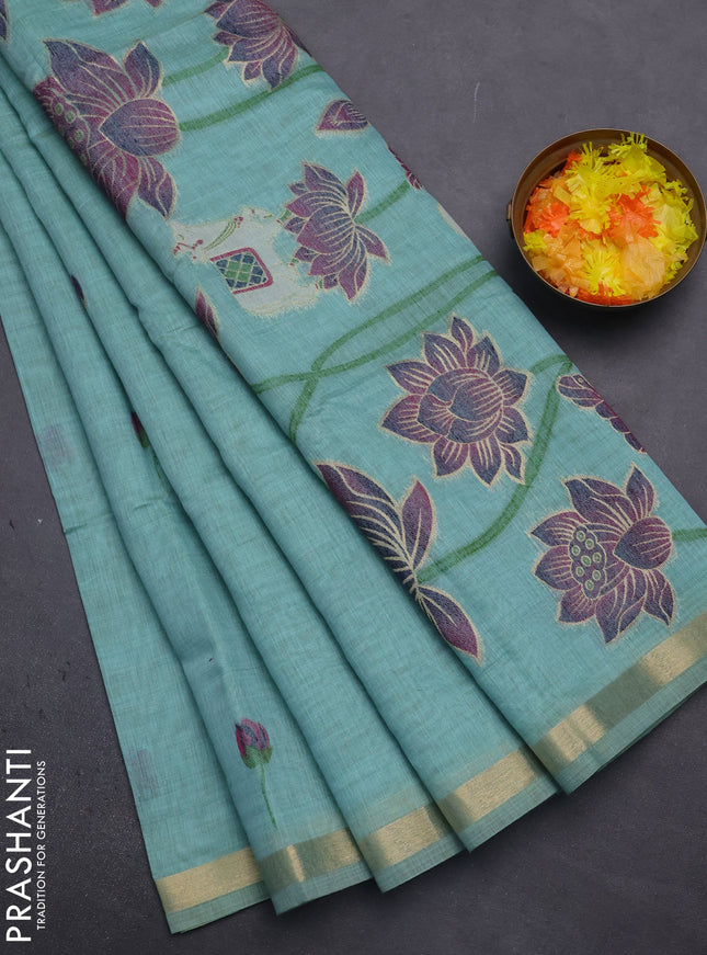 Munga cotton saree teal blue with thread woven floral buttas and pichwai design weaving pallu