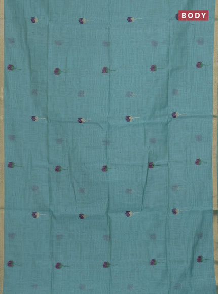 Munga cotton saree teal blue with thread woven floral buttas and pichwai design weaving pallu