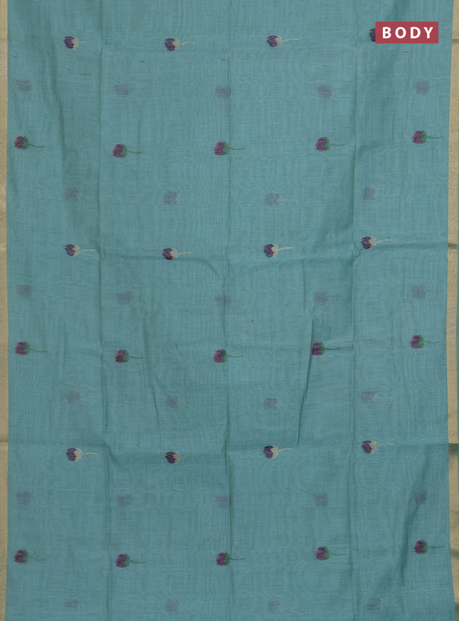 Munga cotton saree teal blue with thread woven floral buttas and pichwai design weaving pallu
