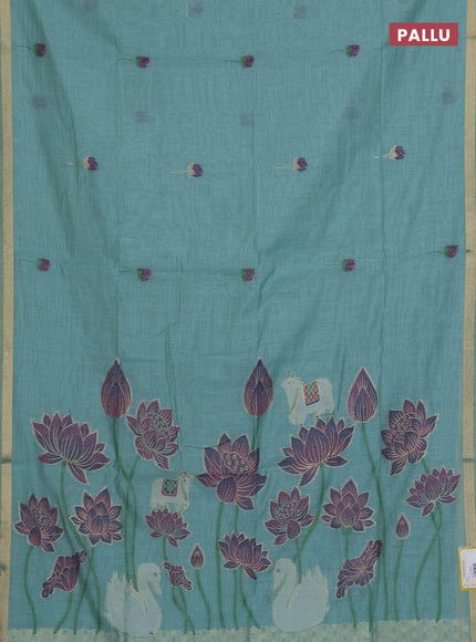 Munga cotton saree teal blue with thread woven floral buttas and pichwai design weaving pallu