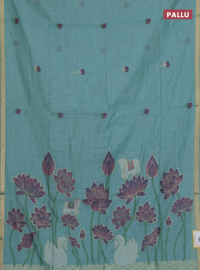 Munga cotton saree teal blue with thread woven floral buttas and pichwai design weaving pallu