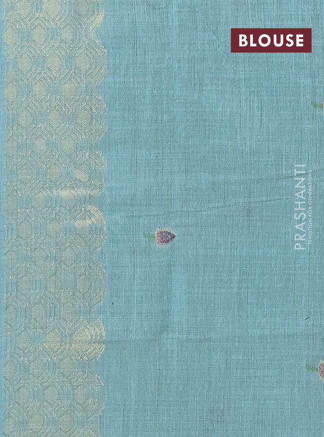 Munga cotton saree teal blue with thread woven floral buttas and pichwai design weaving pallu