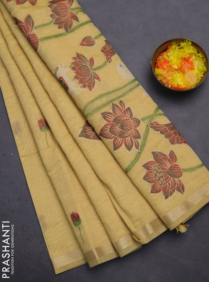 Munga cotton saree pale yellow with thread woven floral buttas and pichwai design weaving pallu