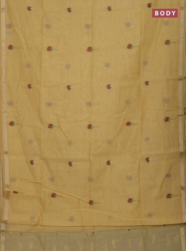 Munga cotton saree pale yellow with thread woven floral buttas and pichwai design weaving pallu