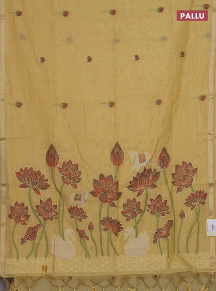Munga cotton saree pale yellow with thread woven floral buttas and pichwai design weaving pallu