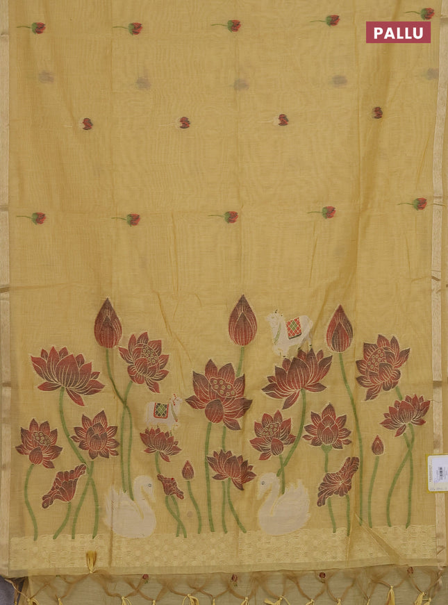 Munga cotton saree pale yellow with thread woven floral buttas and pichwai design weaving pallu
