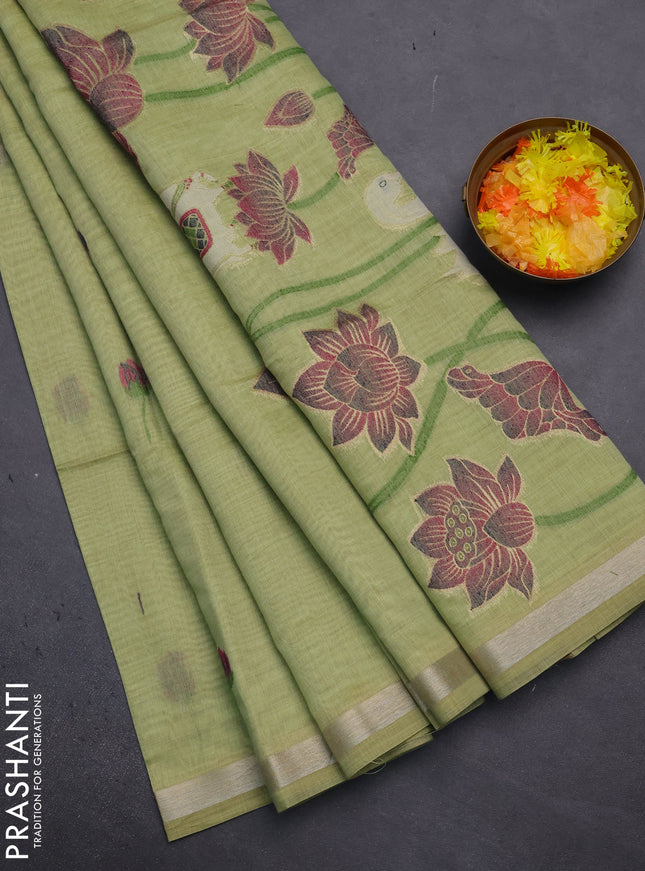 Munga cotton saree pista green with thread woven floral buttas and pichwai design weaving pallu