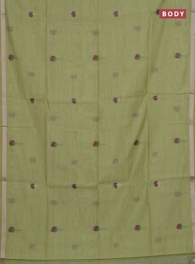 Munga cotton saree pista green with thread woven floral buttas and pichwai design weaving pallu
