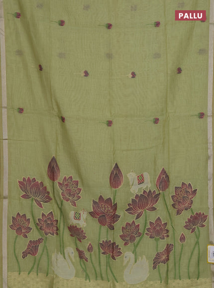 Munga cotton saree pista green with thread woven floral buttas and pichwai design weaving pallu