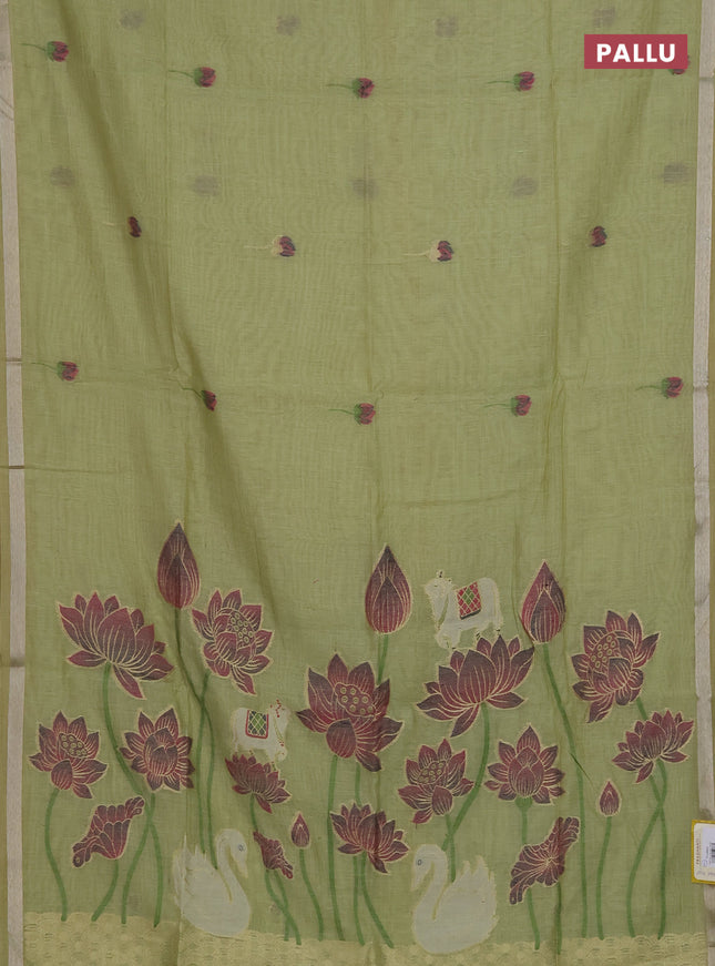 Munga cotton saree pista green with thread woven floral buttas and pichwai design weaving pallu