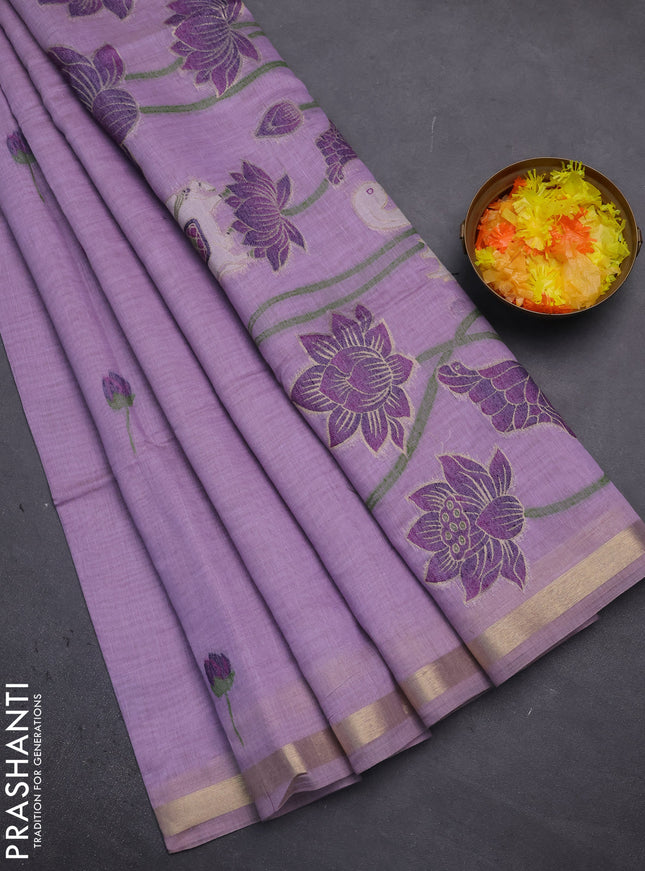 Munga cotton saree lavender with thread woven floral buttas and pichwai design weaving pallu