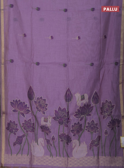 Munga cotton saree lavender with thread woven floral buttas and pichwai design weaving pallu