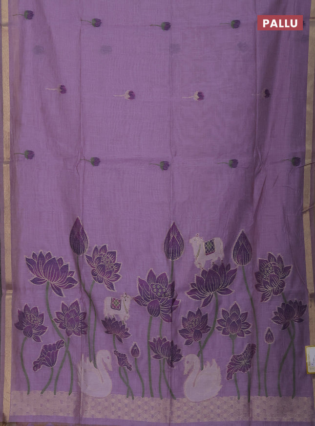 Munga cotton saree lavender with thread woven floral buttas and pichwai design weaving pallu