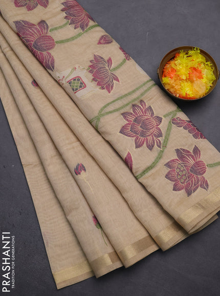 Munga cotton saree sandal with thread woven floral buttas and pichwai design weaving pallu