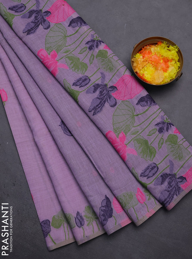 Munga cotton saree lavender with thread woven floral buttas in borderless style