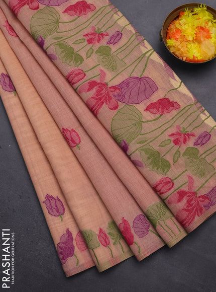 Munga cotton saree peach shade with thread woven floral buttas in borderless style