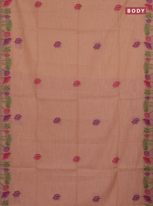 Munga cotton saree peach shade with thread woven floral buttas in borderless style