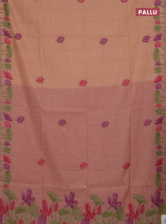 Munga cotton saree peach shade with thread woven floral buttas in borderless style