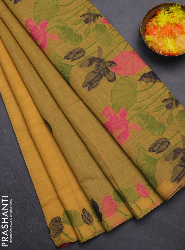 Munga cotton saree mustard yellow with thread woven floral buttas in borderless style