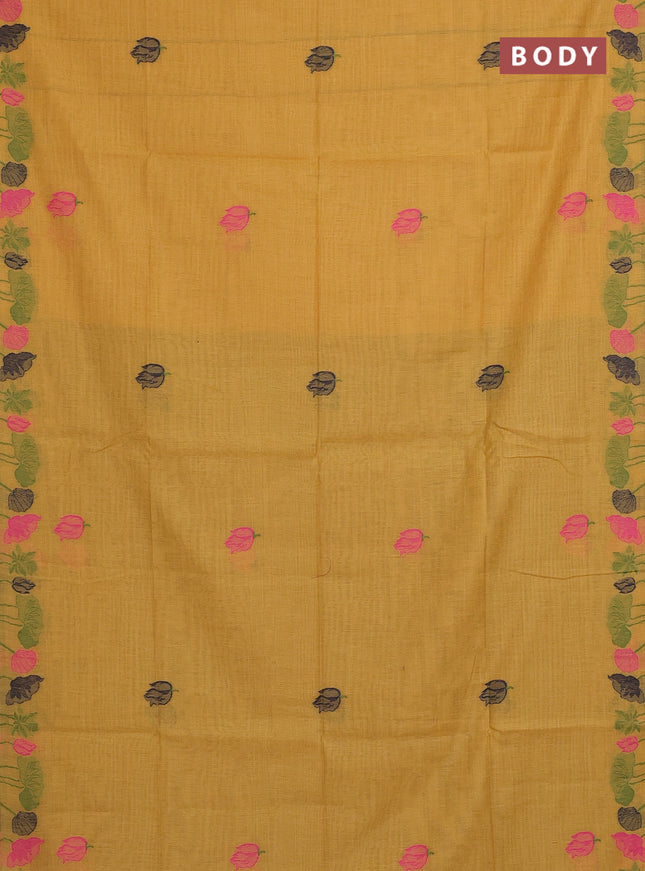Munga cotton saree mustard yellow with thread woven floral buttas in borderless style