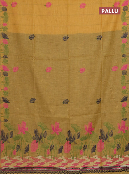 Munga cotton saree mustard yellow with thread woven floral buttas in borderless style
