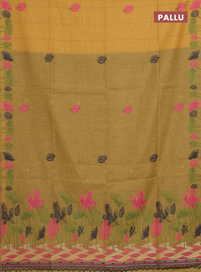 Munga cotton saree mustard yellow with thread woven floral buttas in borderless style