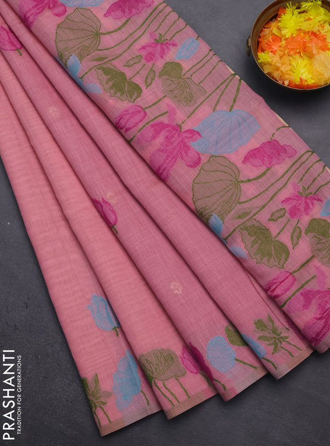 Munga cotton saree peach pink with thread woven floral buttas in borderless style