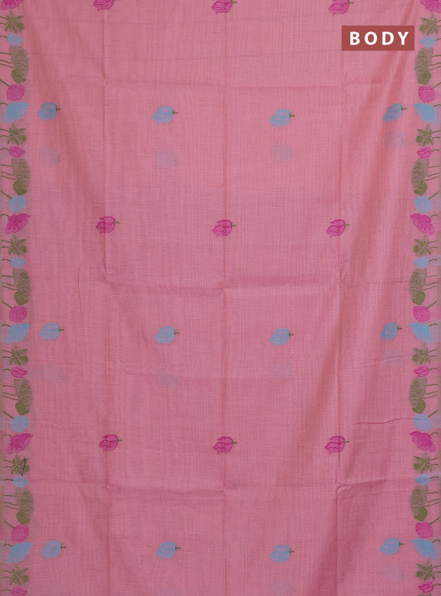 Munga cotton saree peach pink with thread woven floral buttas in borderless style