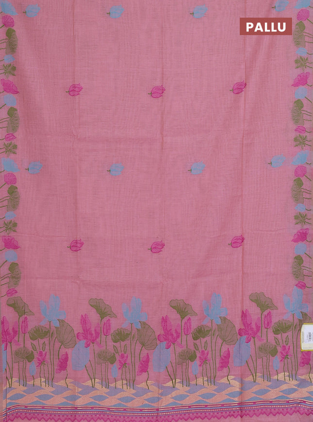 Munga cotton saree peach pink with thread woven floral buttas in borderless style