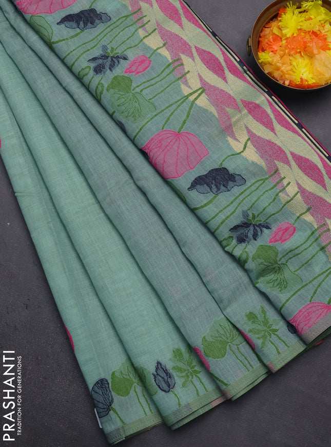 Munga cotton saree teal blue with thread woven floral buttas in borderless style