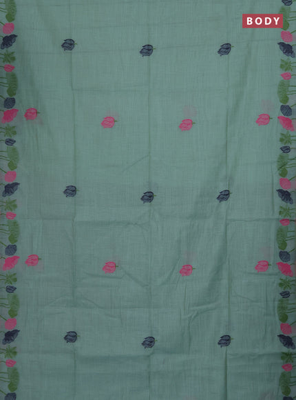 Munga cotton saree teal blue with thread woven floral buttas in borderless style