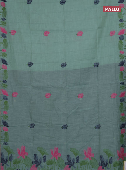 Munga cotton saree teal blue with thread woven floral buttas in borderless style