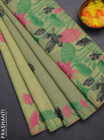 Munga cotton saree pista green with thread woven floral buttas in borderless style