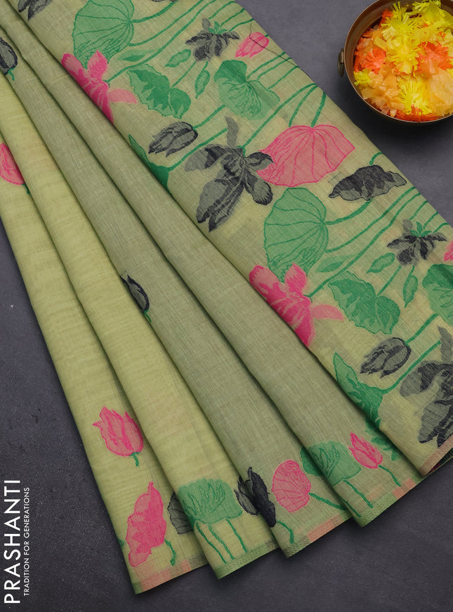 Munga cotton saree pista green with thread woven floral buttas in borderless style