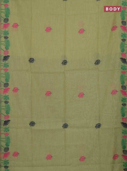 Munga cotton saree pista green with thread woven floral buttas in borderless style