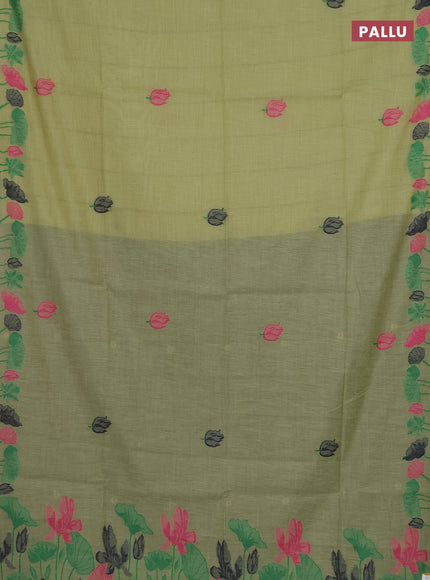 Munga cotton saree pista green with thread woven floral buttas in borderless style