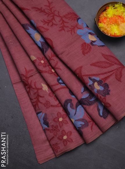 Munga cotton saree mauve pink and navy blue with allover thread weaves in borderless style