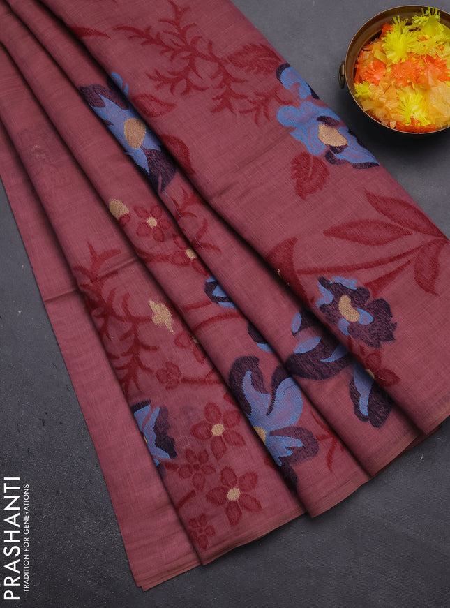 Munga cotton saree mauve pink and navy blue with allover thread weaves in borderless style