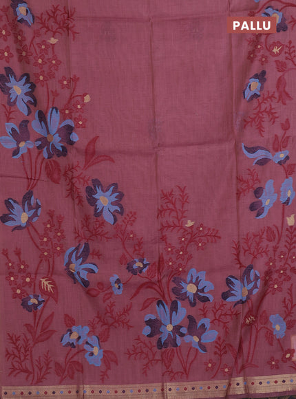 Munga cotton saree mauve pink and navy blue with allover thread weaves in borderless style