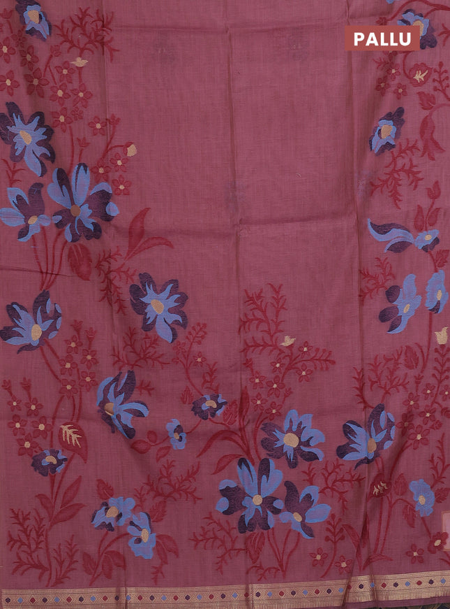 Munga cotton saree mauve pink and navy blue with allover thread weaves in borderless style