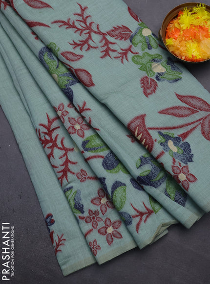 Munga cotton saree pastel green and navy blue with allover thread weaves in borderless style
