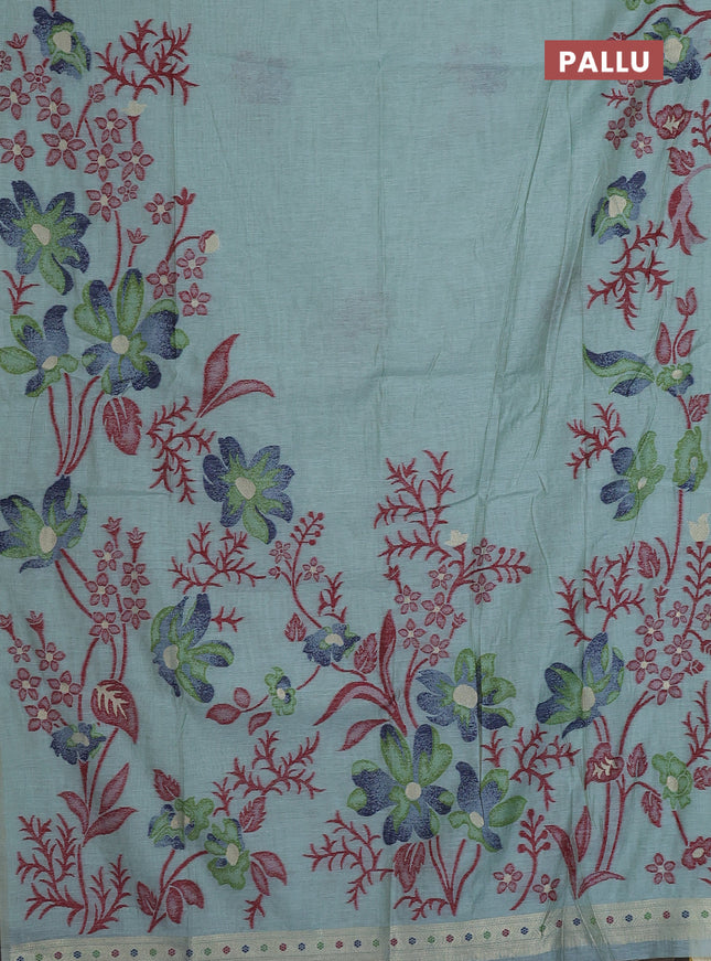 Munga cotton saree pastel green and navy blue with allover thread weaves in borderless style