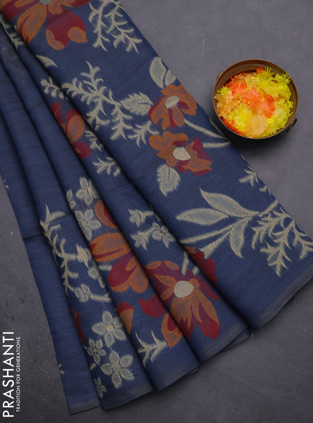 Munga cotton saree peacock blue and maroon with allover thread weaves in borderless style