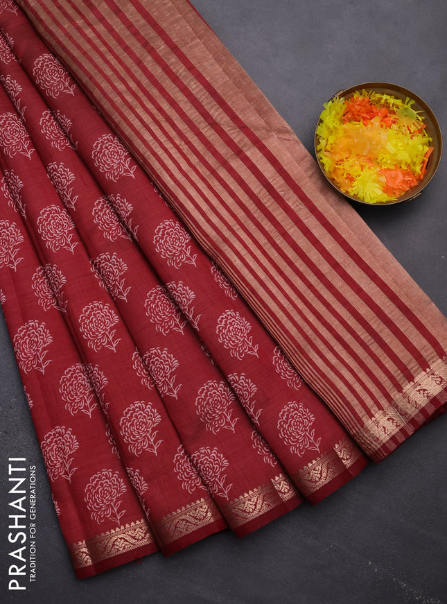 Semi raw silk saree maroon with floral butta prints and zari woven border